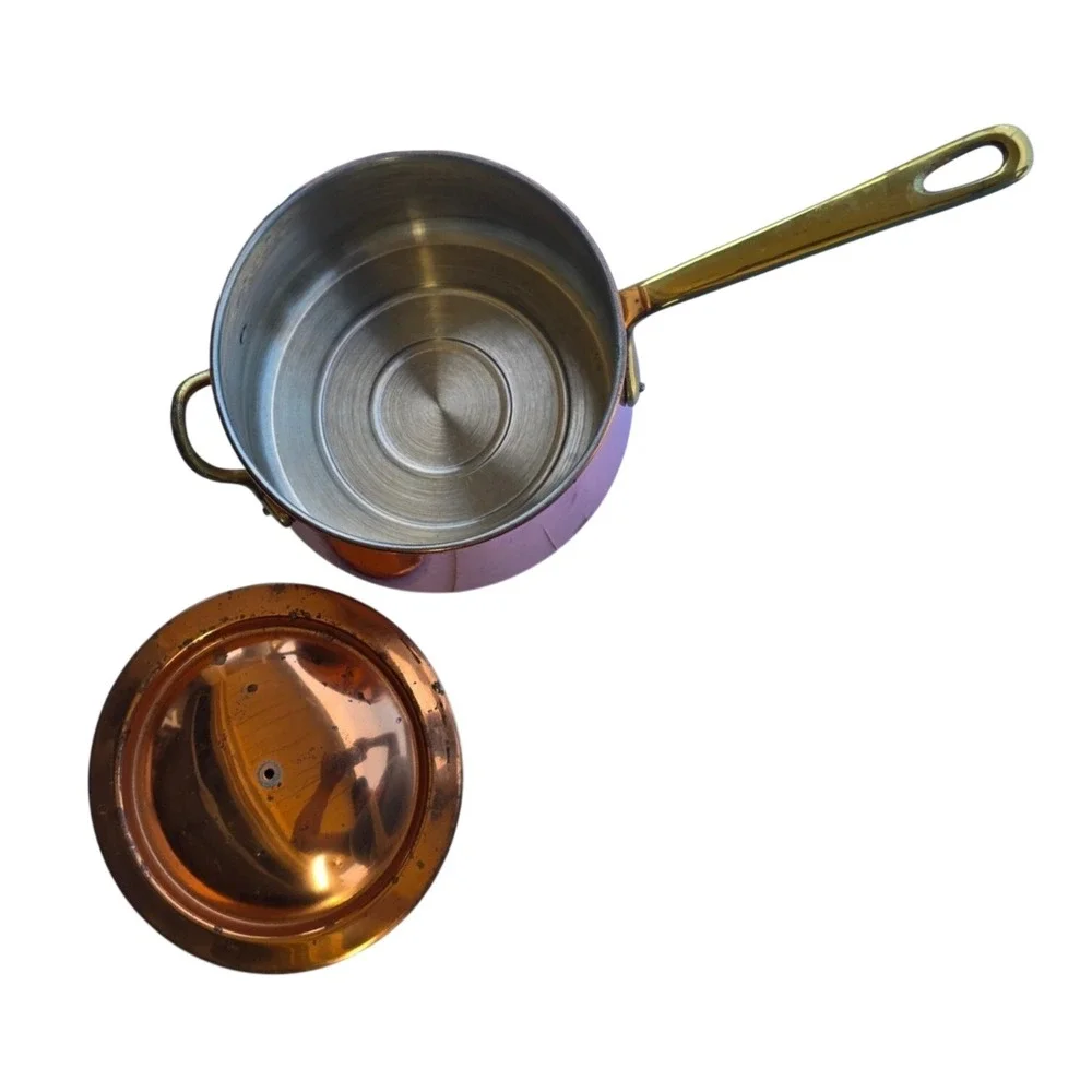 Vintage Copper Saucepan with Lid Stainless Steel Lined Brass Handles 7 Inch